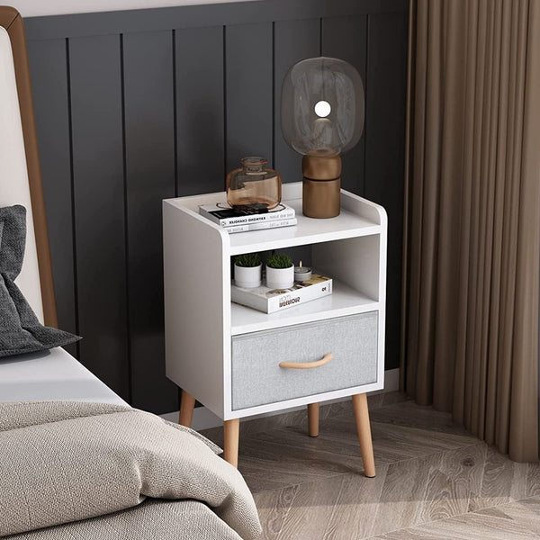 Nightstand with Fabric Drawer, Bedside Table with Solid Wood Legs, Minimalist and Practical End Side Table with Open Storage Shelf for Bedroom, White.